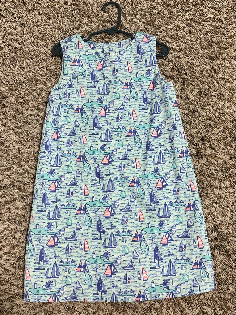 Vineyard Vines girls  Sailboat Print Shift Dress in Aqua, Navy & Coral